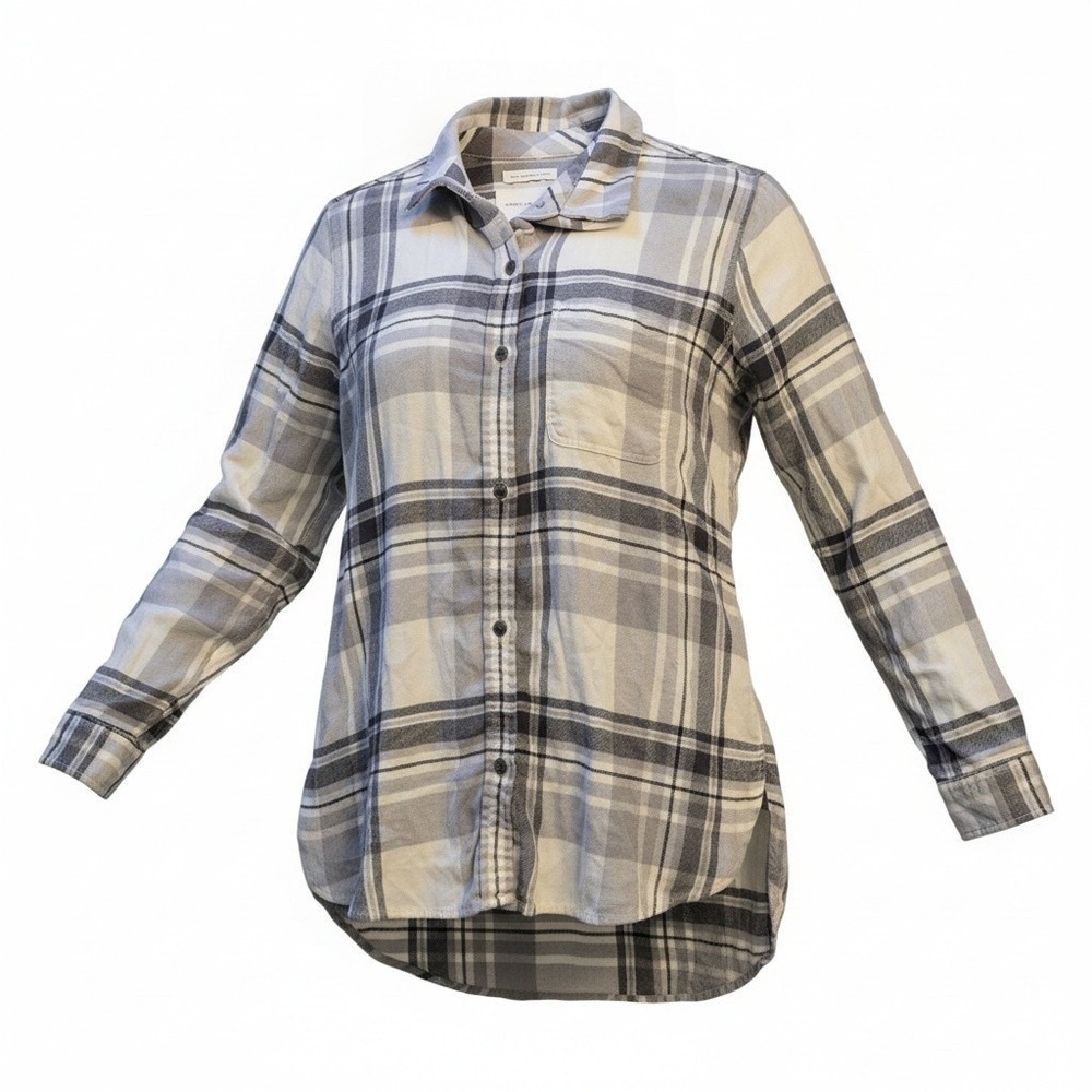American Eagle Boyfriend Fit Flannel Shirt Womens Medium Grey White Plaid Soft